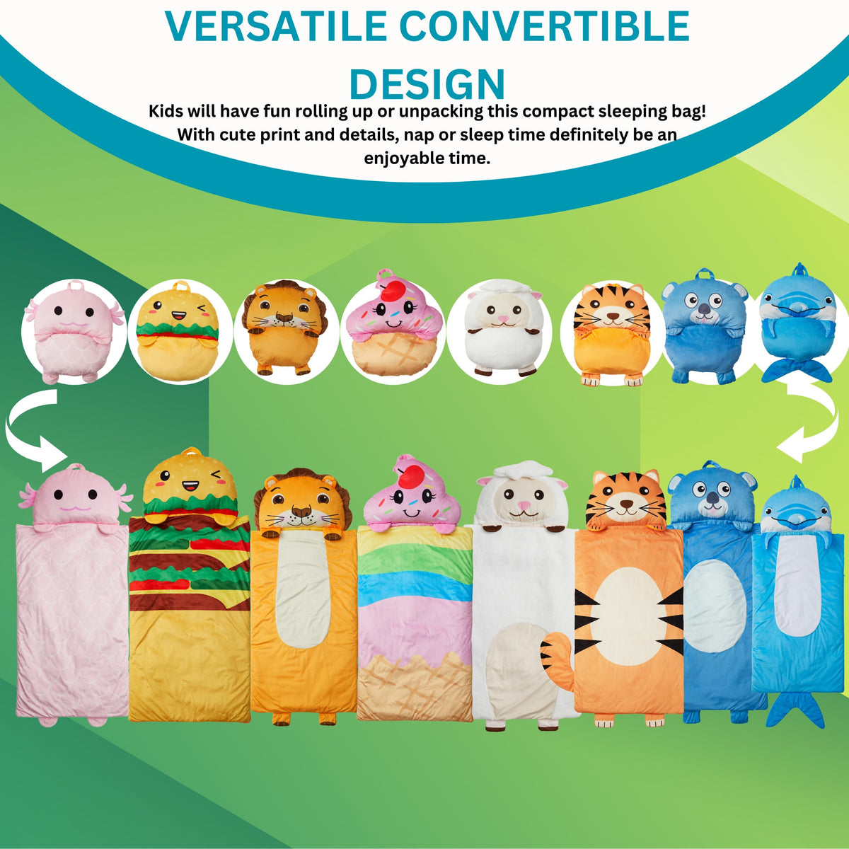 Nap Buddy Axolotl sleeping bag packable for quick transport