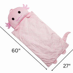 Nap Buddy Axolotl sleeping bag rolled for travel by Unicorns and Robots