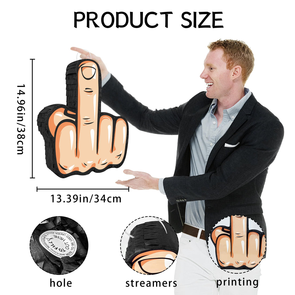 UNIIDECO Middle Finger Pinata side view, sturdy corrugated design for durable party fun