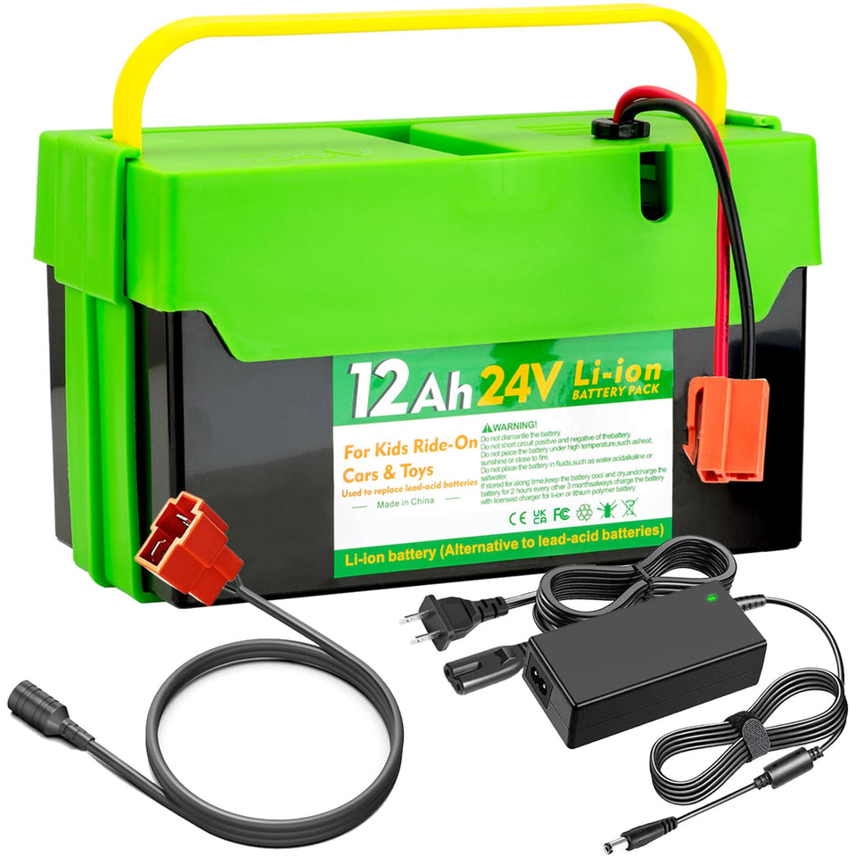 UNIKARO 24V 12Ah battery pack front view highlighting extended playtime