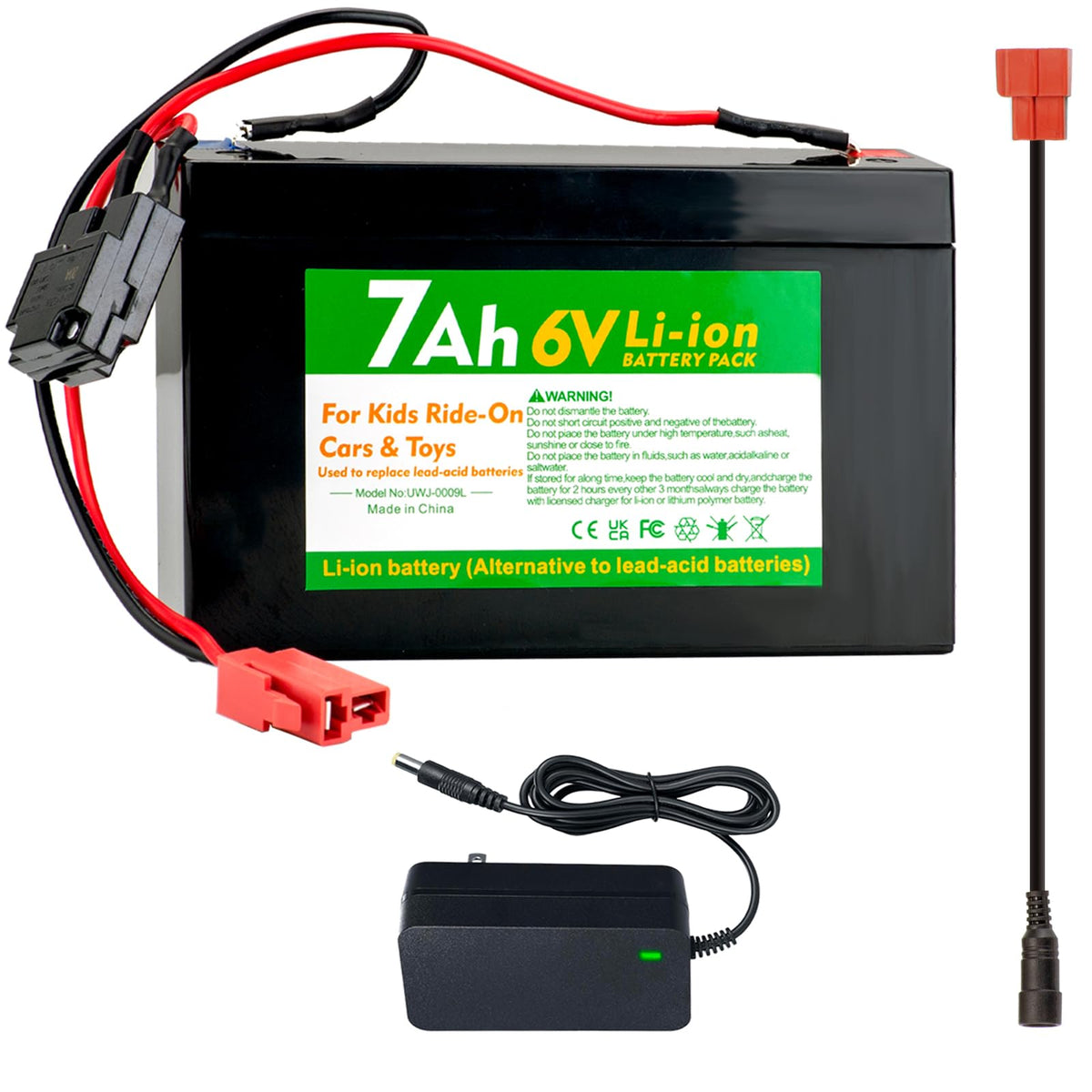 UNIKARO 6V 7Ah Li-ion battery pack close-up with connector for quick installation