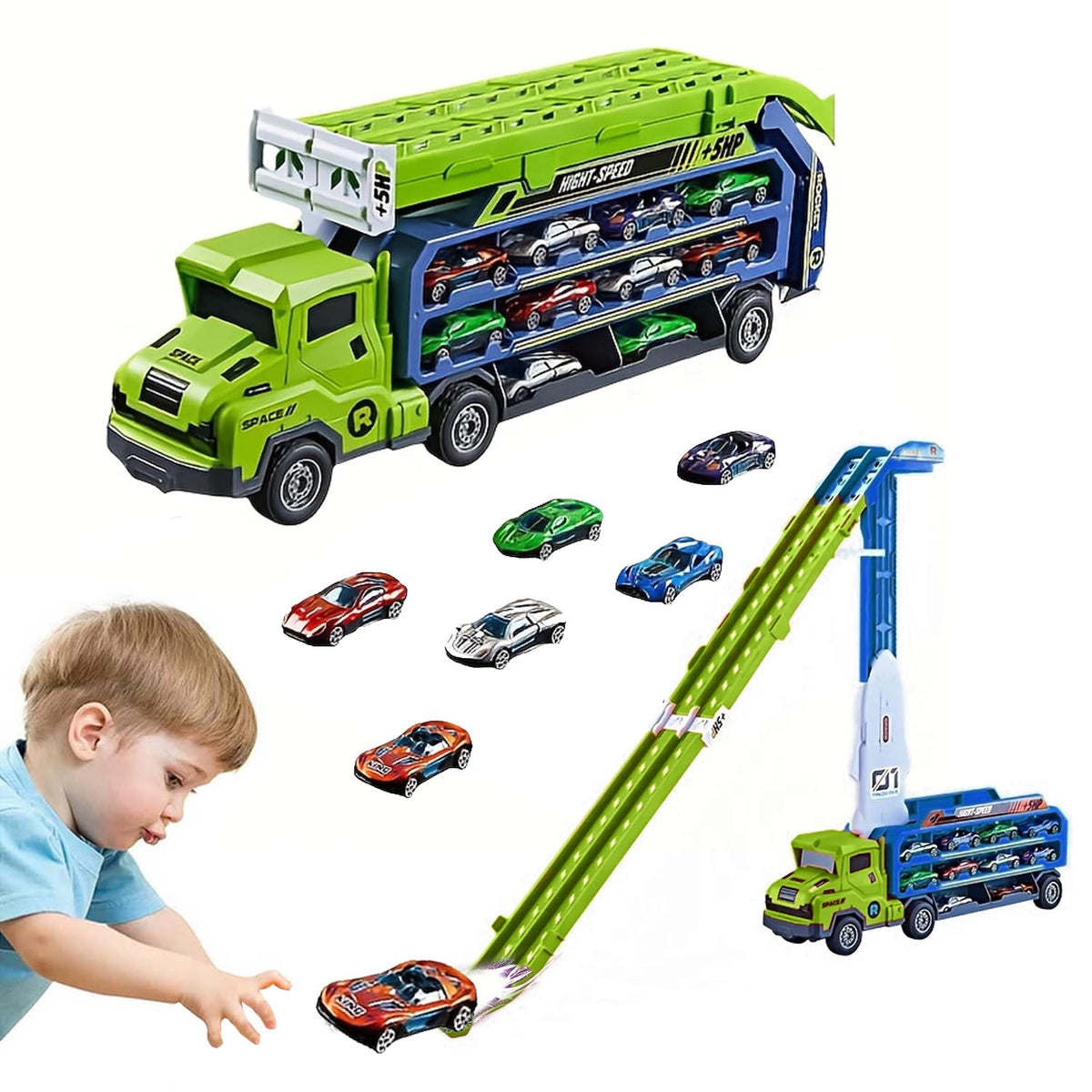 Unimoly carrier truck transport toy offers multi-mode play for imaginative fun.