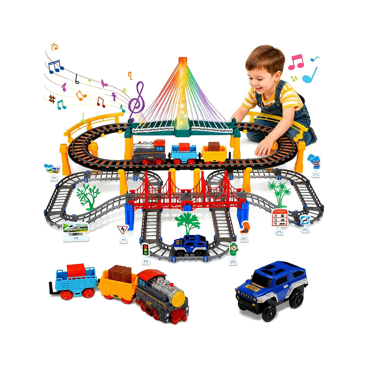 Unimoly electric train set with dual-layer tracks for creative play and learning