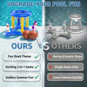 Uniqhia family fun pool scene featuring inflatable games for everyone.