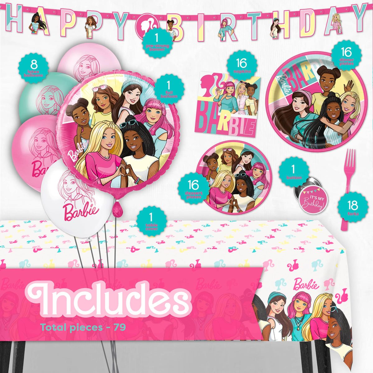 Unique Barbie balloons create a playful centerpiece for the birthday party