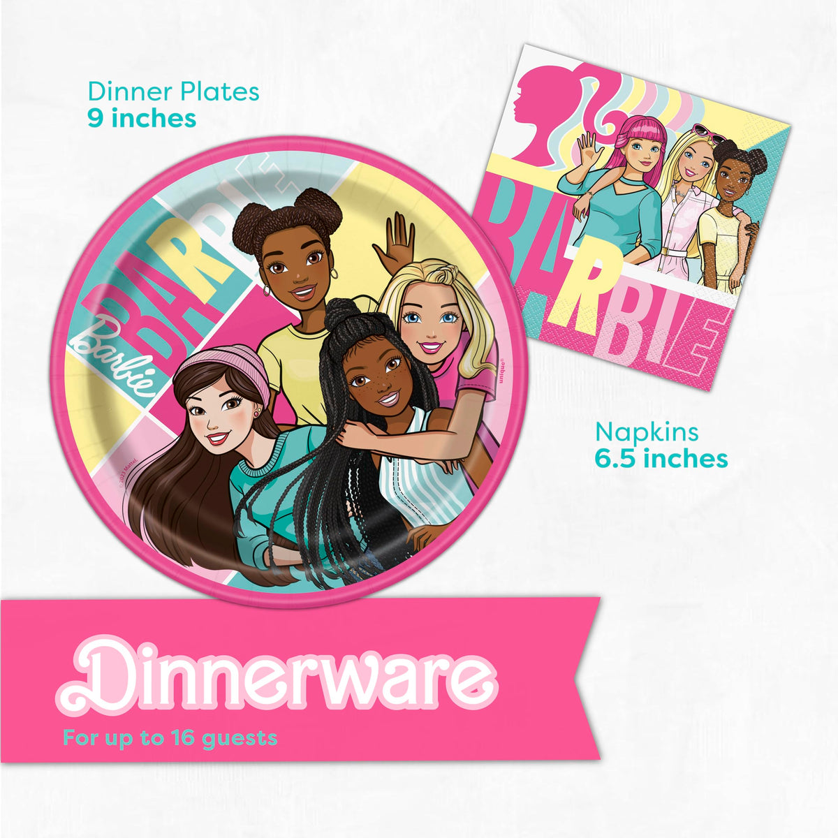 Unique Barbie napkins make quick cleanups easy for guests.