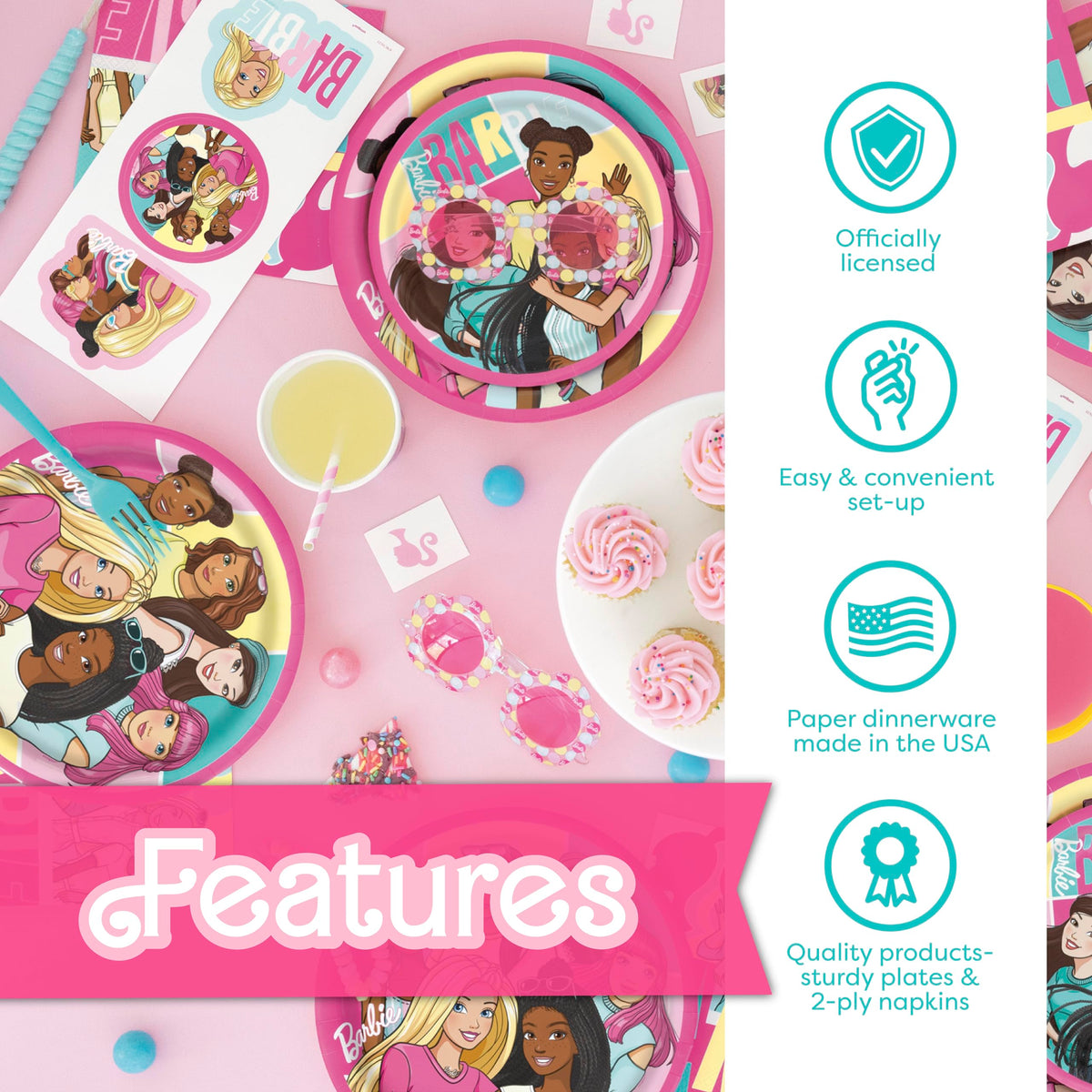 Unique Barbie 7-inch plates pair with napkins for easy dessert service