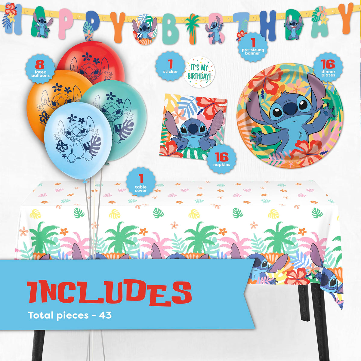 Unique Lilo and Stitch tablecloth ties table setup together for a cohesive party look