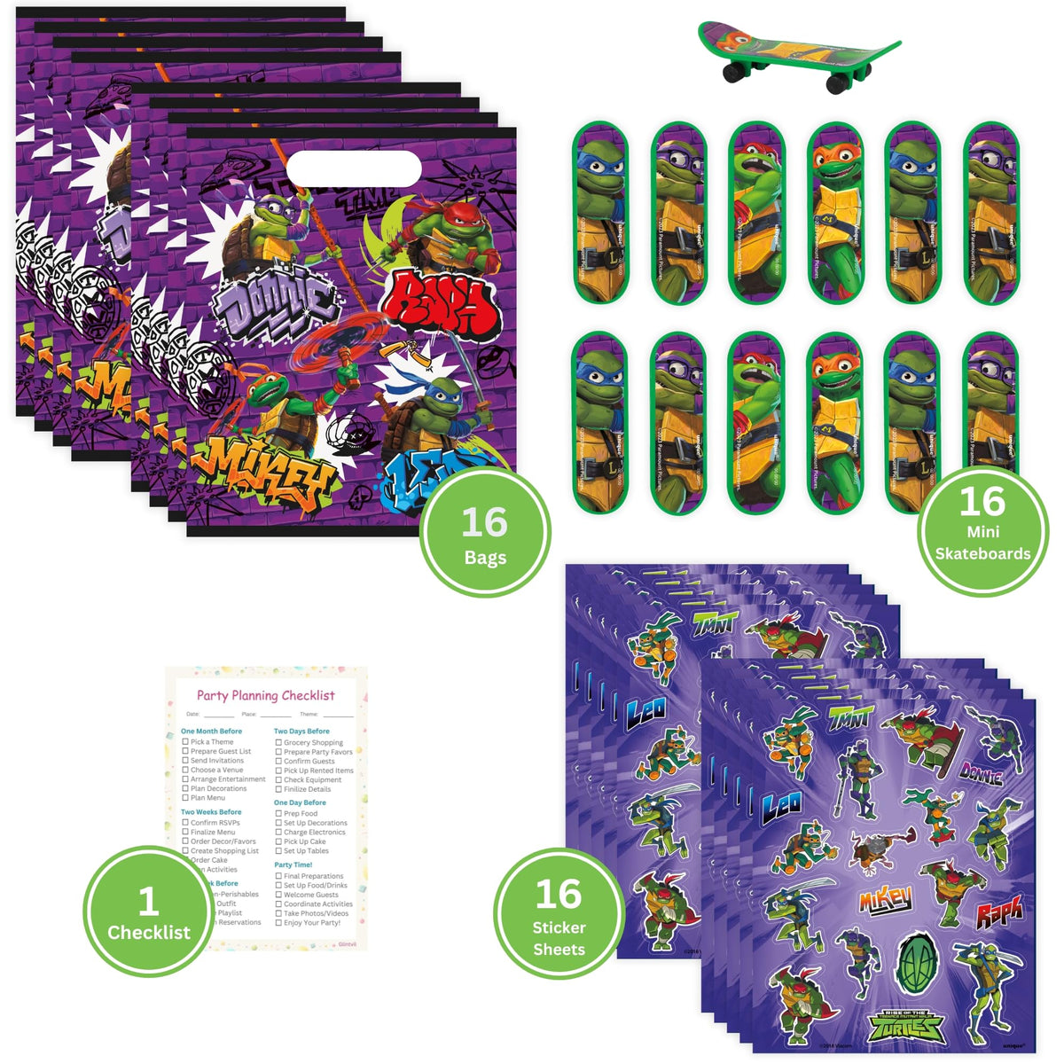 Unique Ninja Turtle sticker sheets to personalize favors and entertain kids.