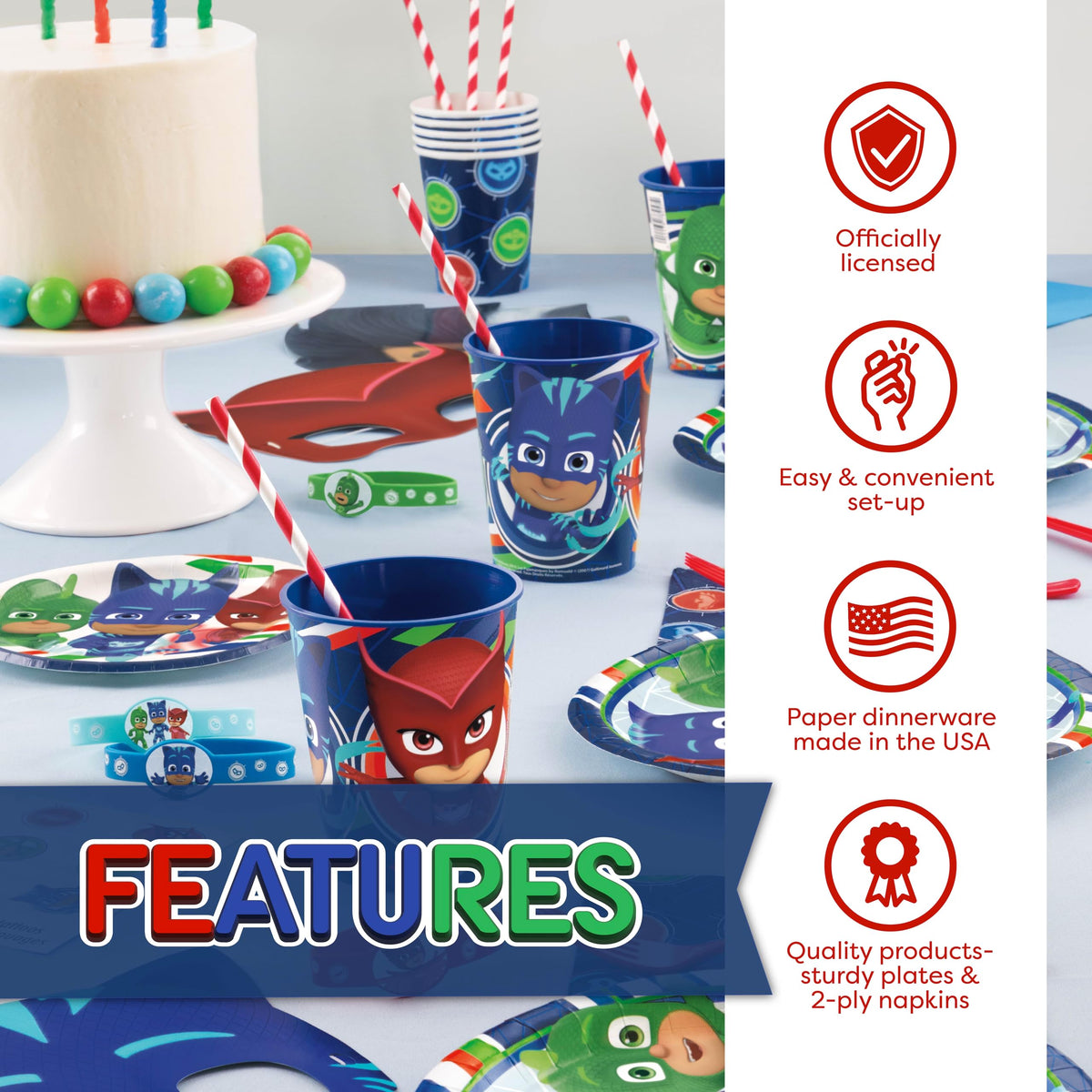 Unique PJ Masks cups for spill-resistant serving.