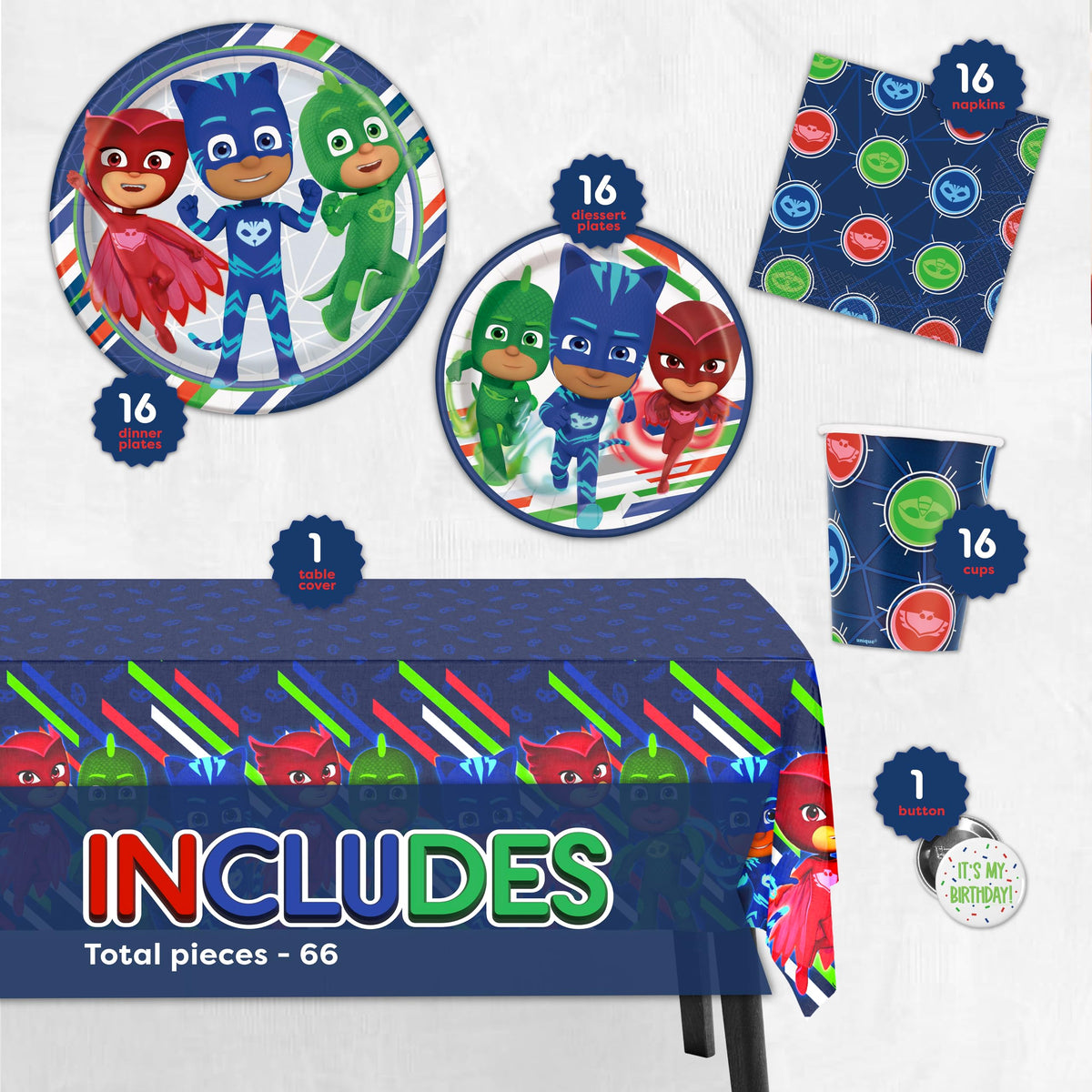 Unique PJ Masks large plates for hearty servings during the party.
