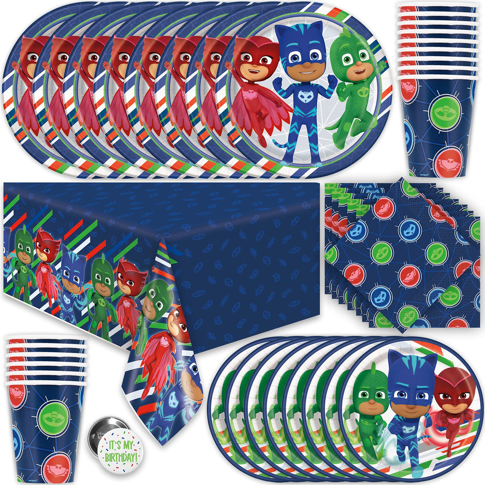 Unique PJ Masks table cover with bold heroes for a coordinated birthday setup.
