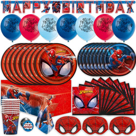 Unique Spider-Man birthday decorations set with balloons banner and tableware for a themed party