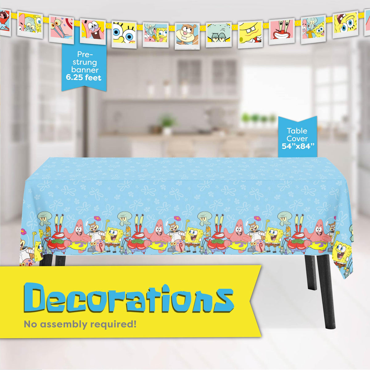 Unique Spongebob banner creates a festive focal point.