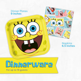 Unique Spongebob tablecloth protects surfaces while framing the party.