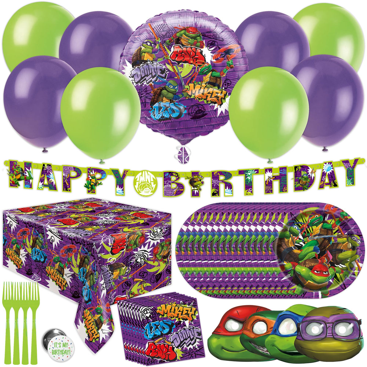 Unique TMNT party table cover creating a durable surface for cake and snacks