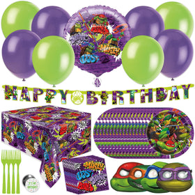 Unique TMNT party table cover creating a durable surface for cake and snacks
