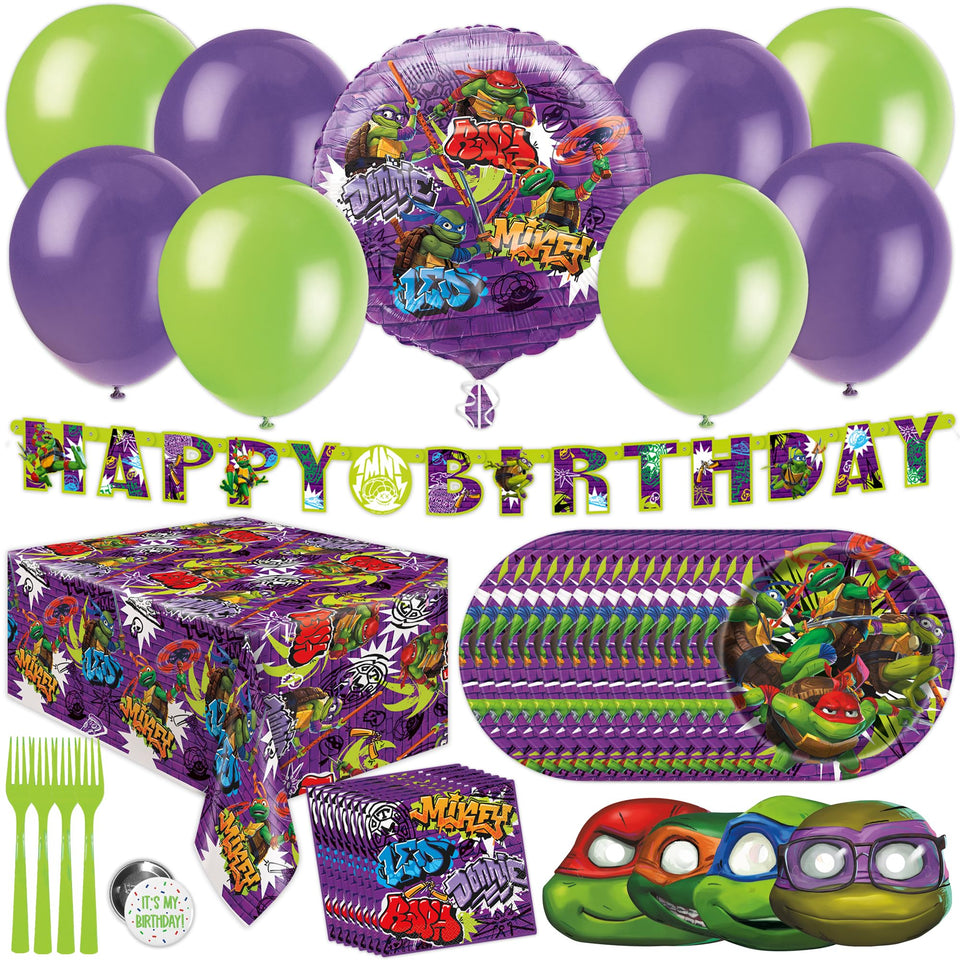 Unique TMNT party table cover creating a durable surface for cake and snacks