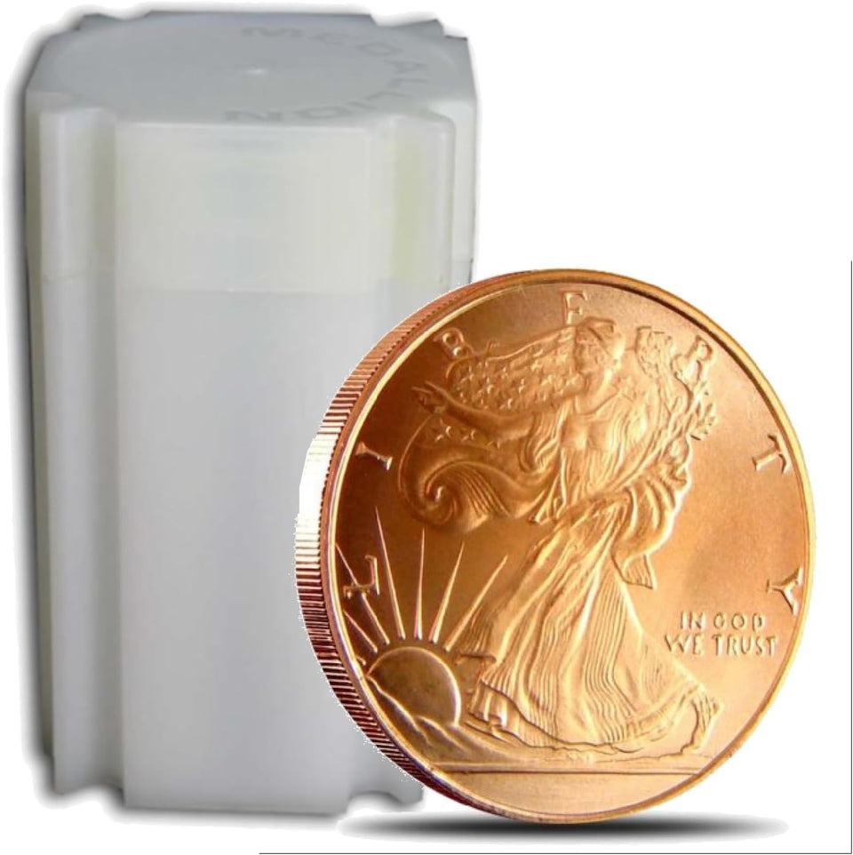 Unique Metals Walking Liberty copper coin in a tube, ideal for display and stacking.