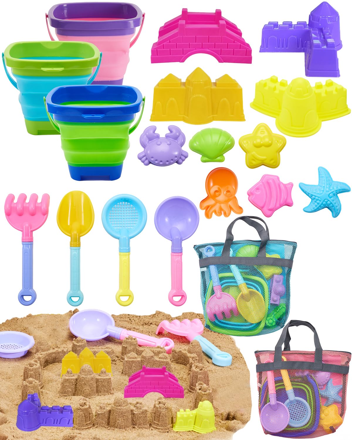 Unistylar foldable buckets sit ready for quick sand play and easy transport.