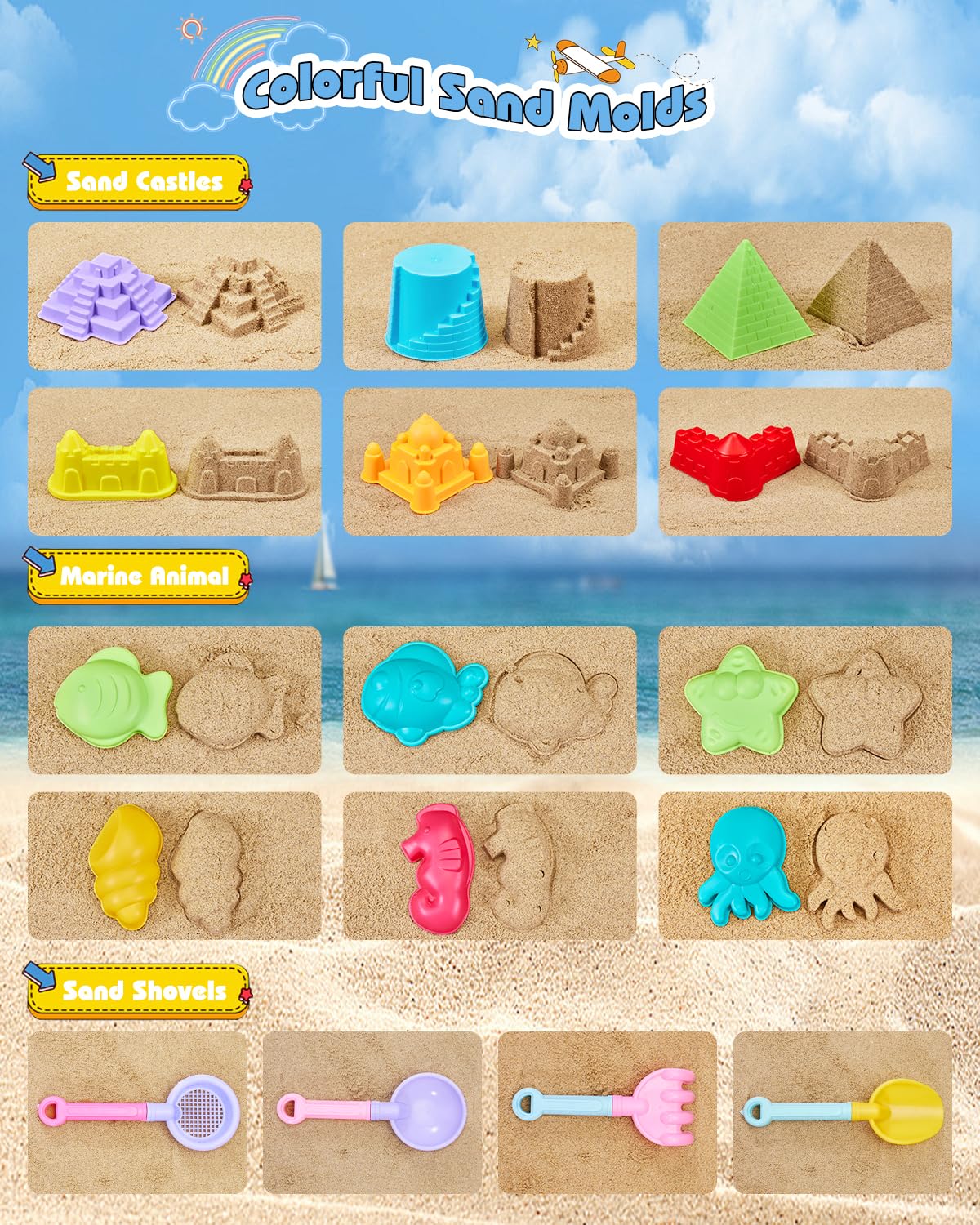Unistylar sea animal molds encourage imaginative coastal play.