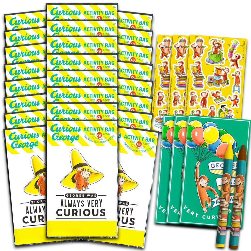 Universal All-Access Curious George mini packs with coloring pages, ideal for party favors.
