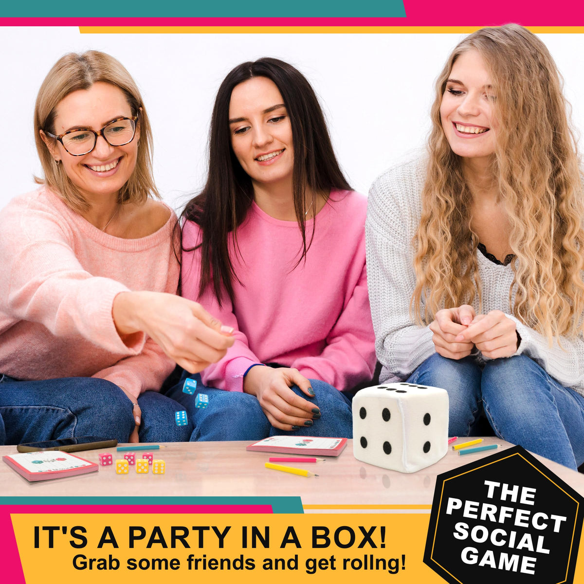 Bell and fuzzy white die support interactive rounds during Bunco.