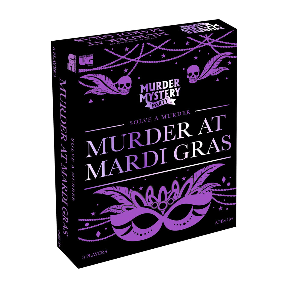 University Games Murder at Mardi Gras box art showcasing the party game package