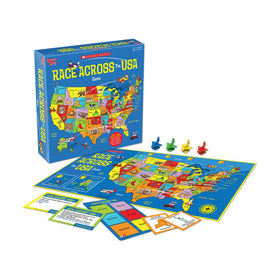 University Games Scholastic Race Across the USA cover with a colorful map promotes geography learning.