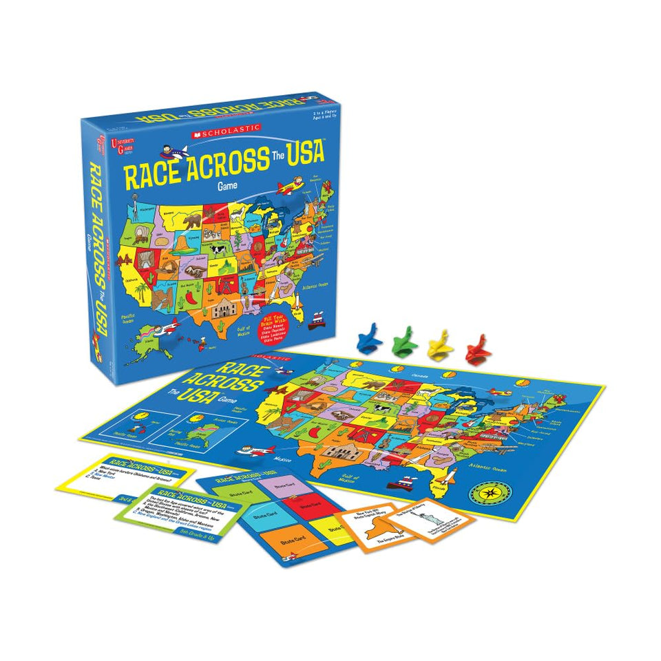 University Games Scholastic Race Across the USA cover with a colorful map promotes geography learning.