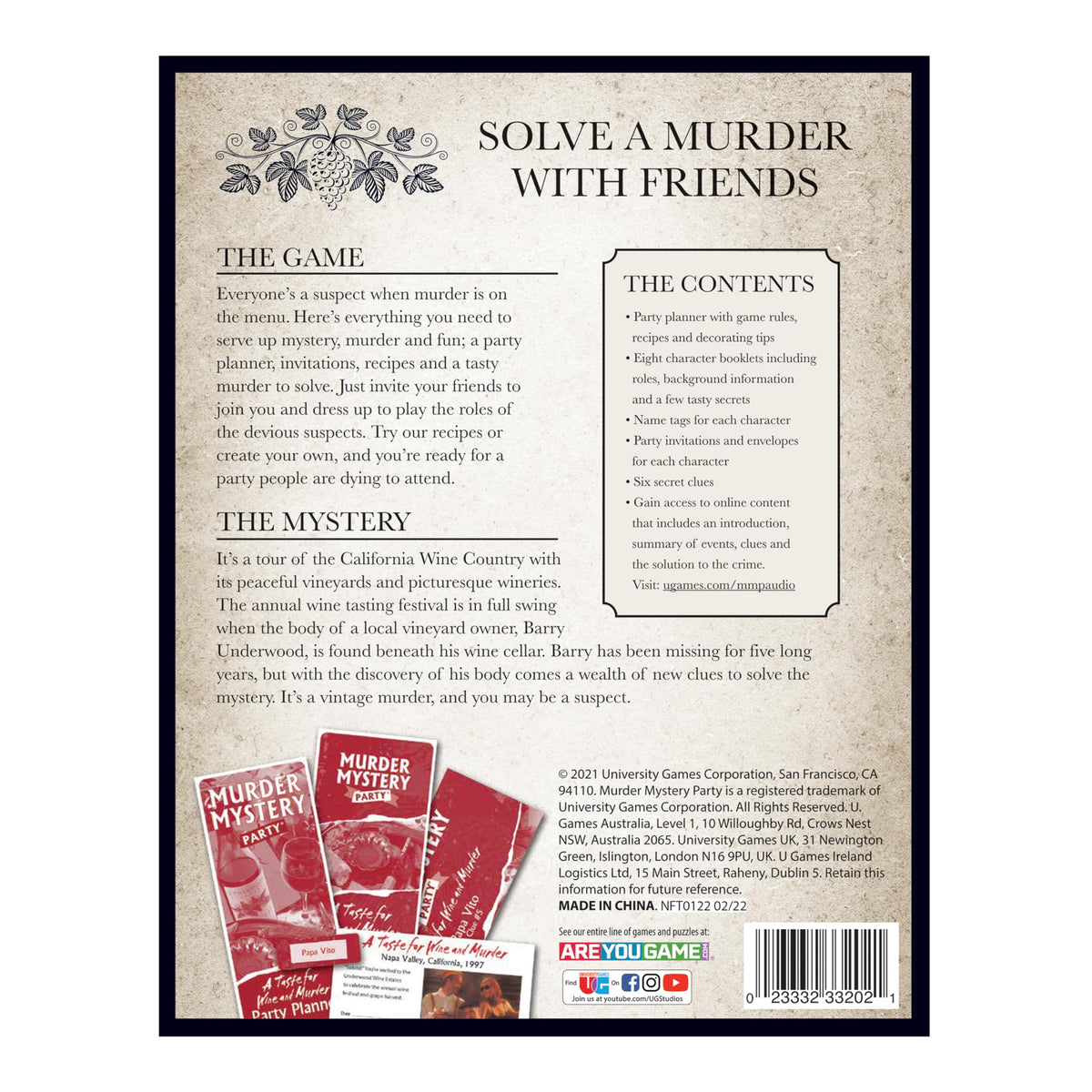 University Games Taste for Wine and Murder box contents showcase