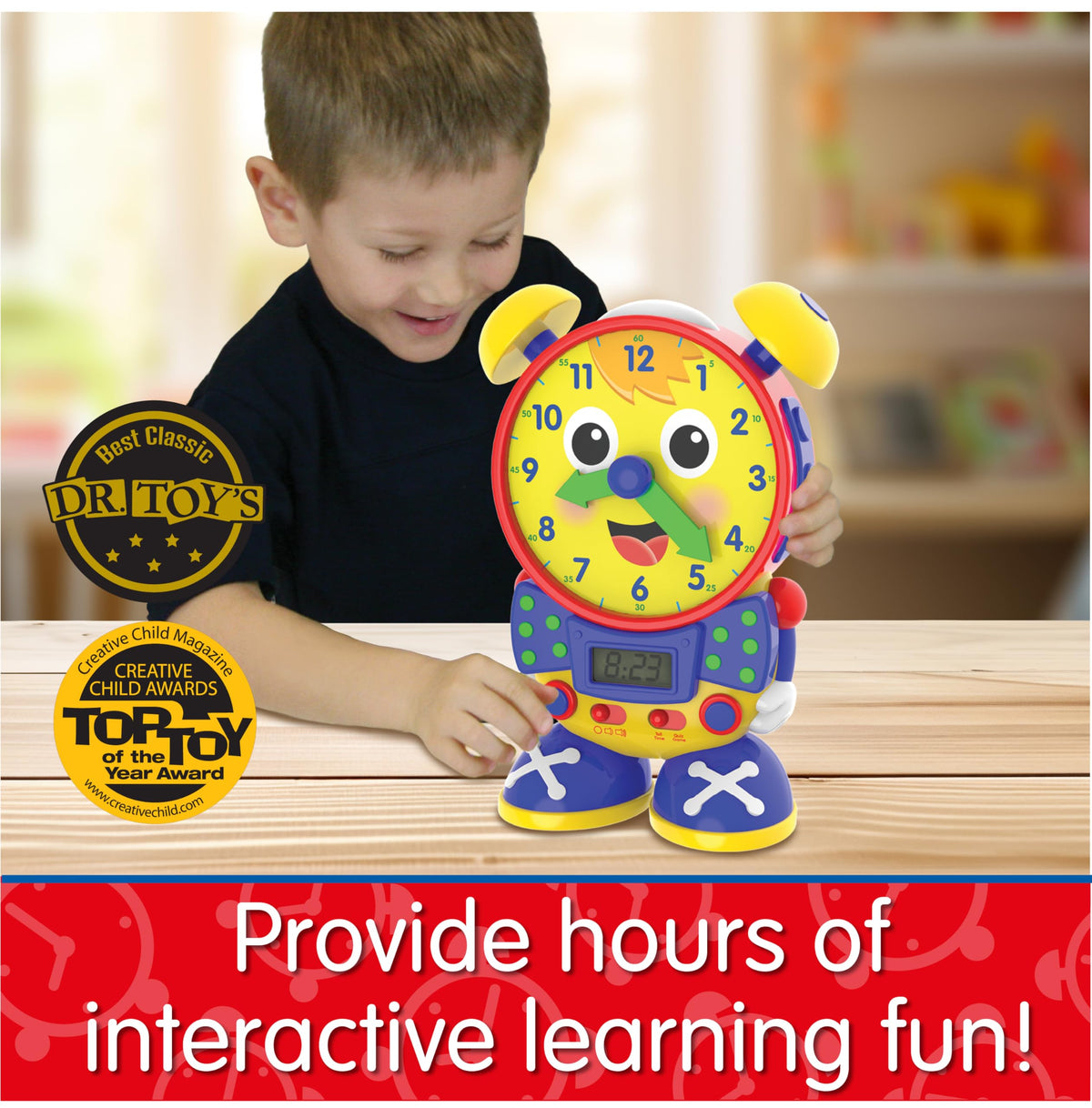 University Games Telly teaching clock includes batteries for immediate play.