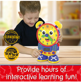 University Games Telly teaching clock includes batteries for immediate play.