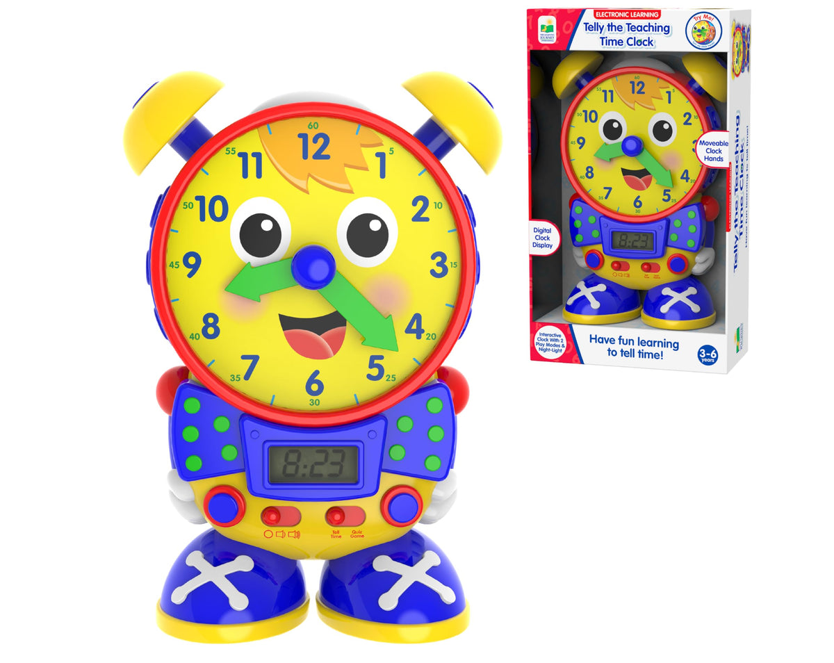 University Games Telly clock with learning mode demonstrates five-minute time increments.