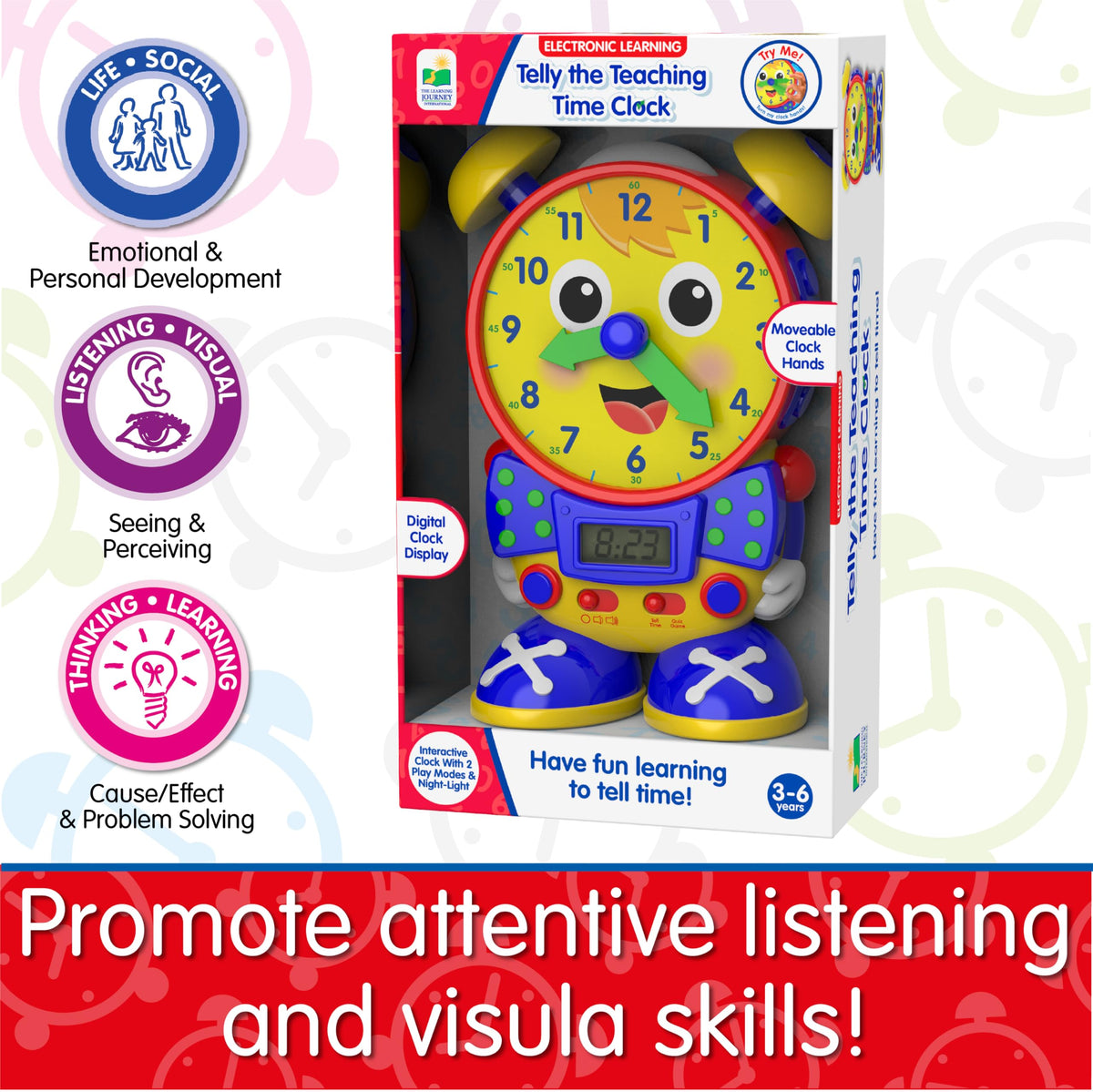University Games Telly clock in quiz mode challenges kids to set time.