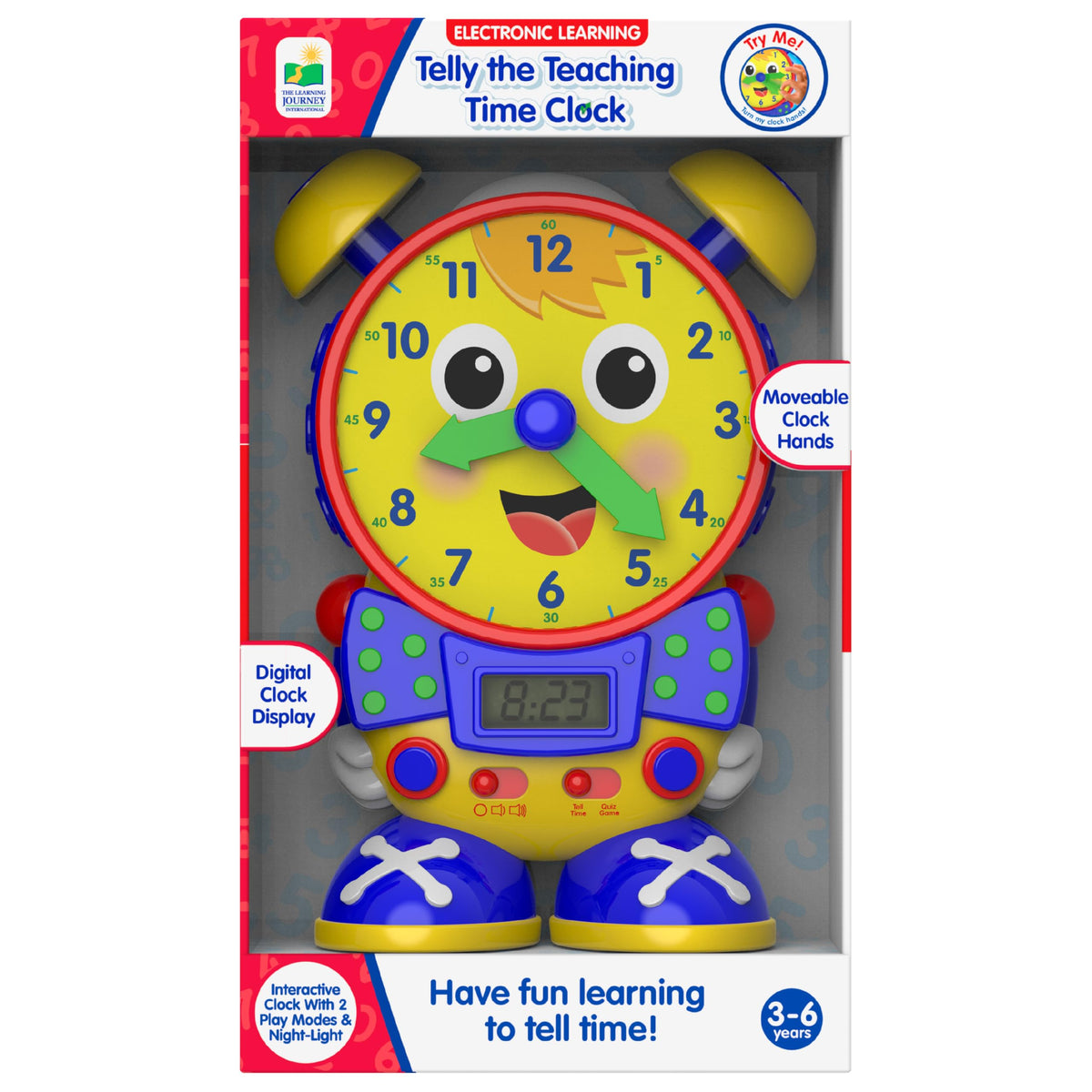 University Games Telly teaching time clock front view shows analog and digital time displays.