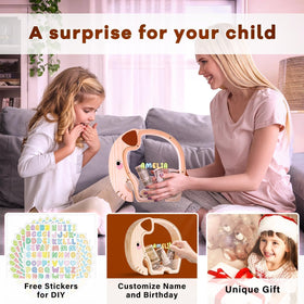 Uniwooder wooden elephant piggy bank acrylic progress panel lets kids observe growth