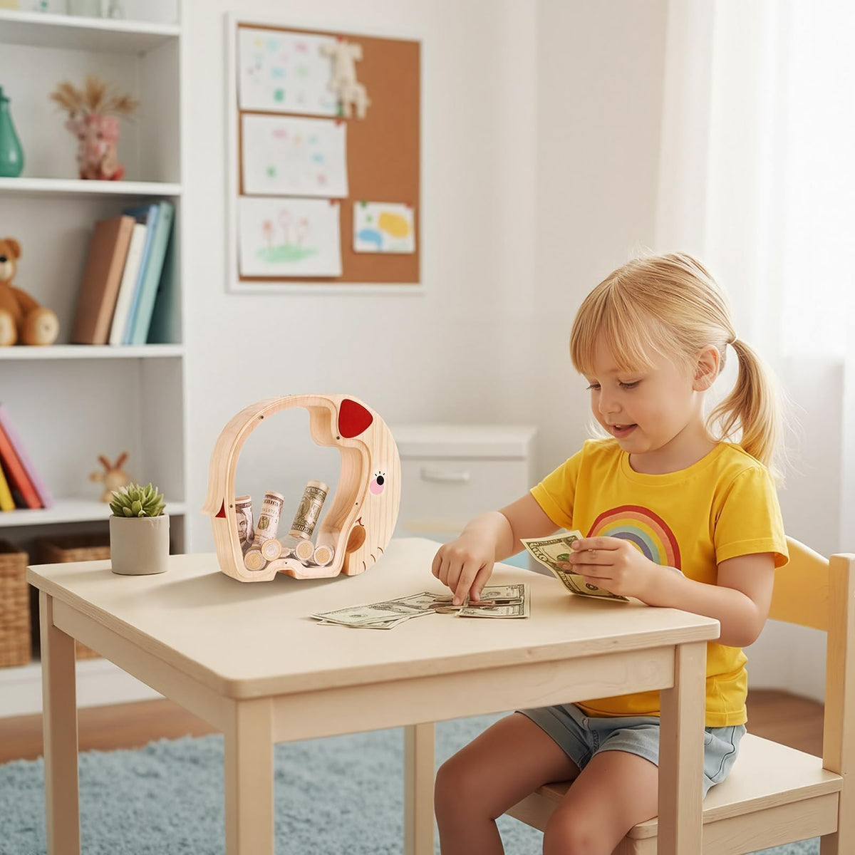 Uniwooder wooden elephant piggy bank in a child’s room as cheerful decor