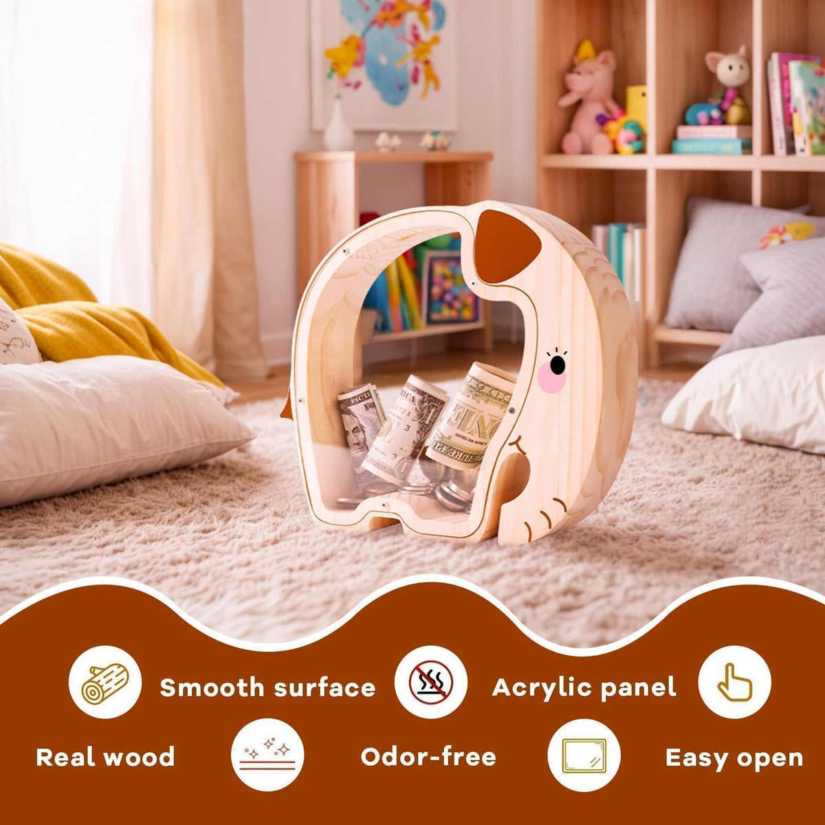 Uniwooder wooden elephant piggy bank with letter stickers adds personalized milestones