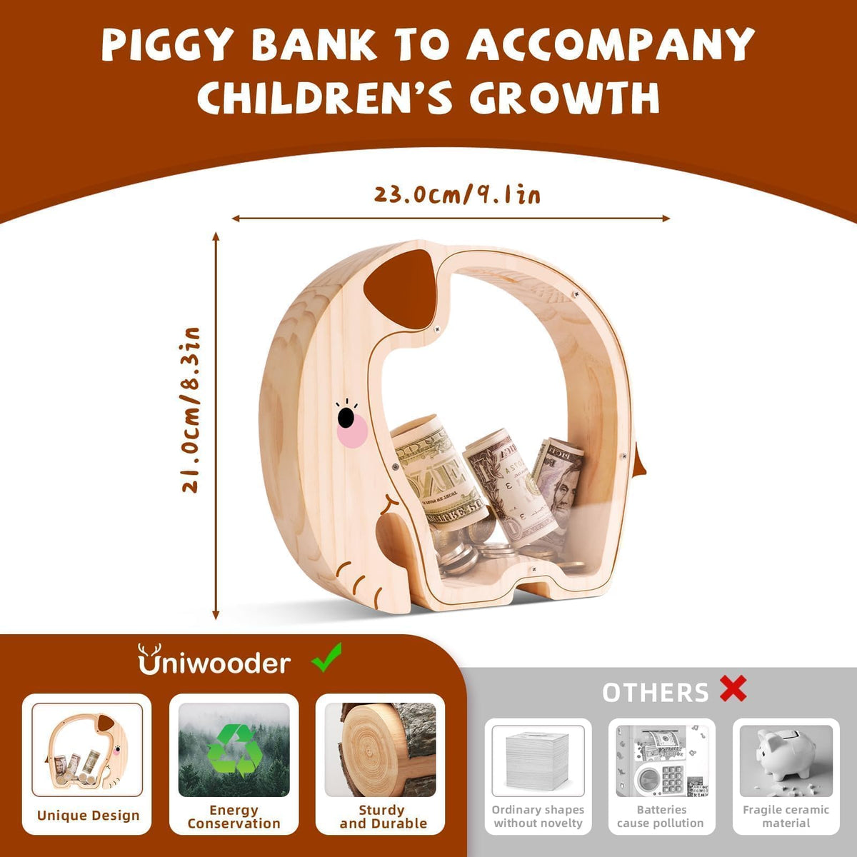 Uniwooder wooden elephant piggy bank texture close-up highlights natural wood and durable craftsmanship
