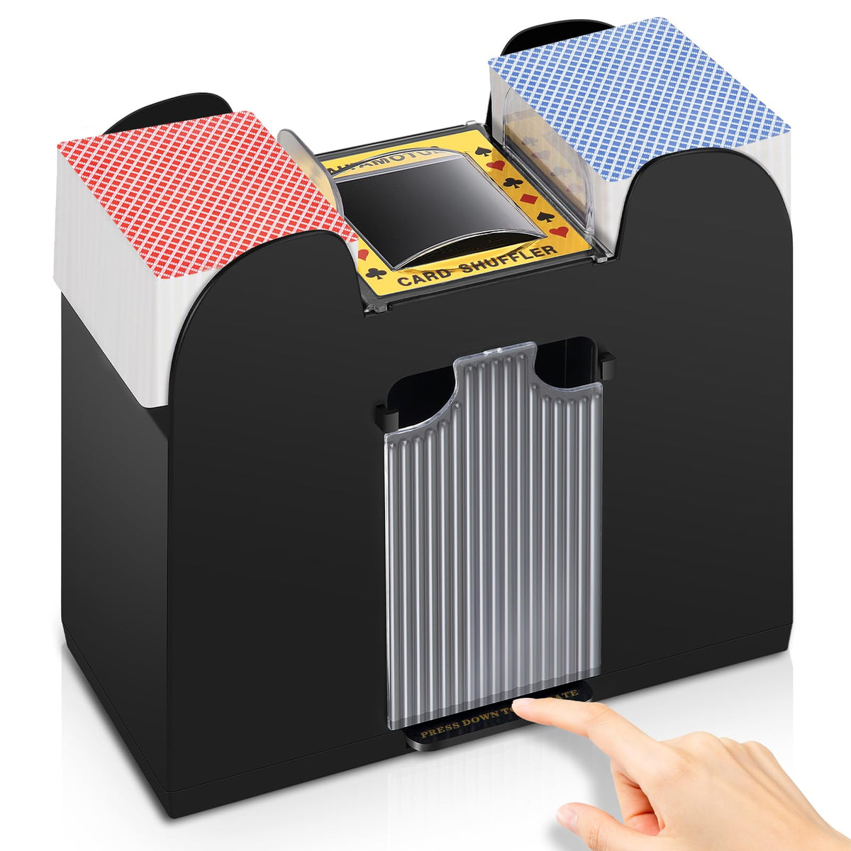 Unniweei automatic card shuffler front view demonstrates hands-free mixing for poker nights.