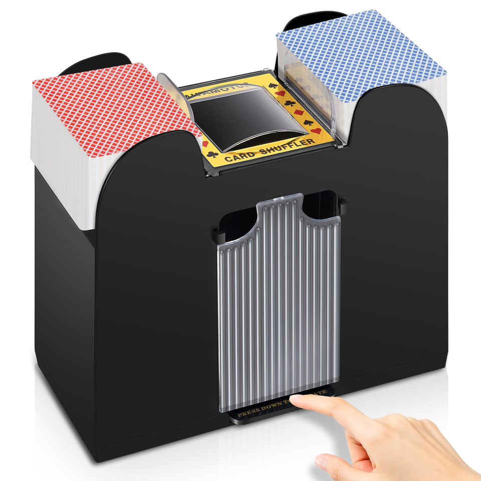 Unniweei automatic card shuffler front view demonstrates hands-free mixing for poker nights.