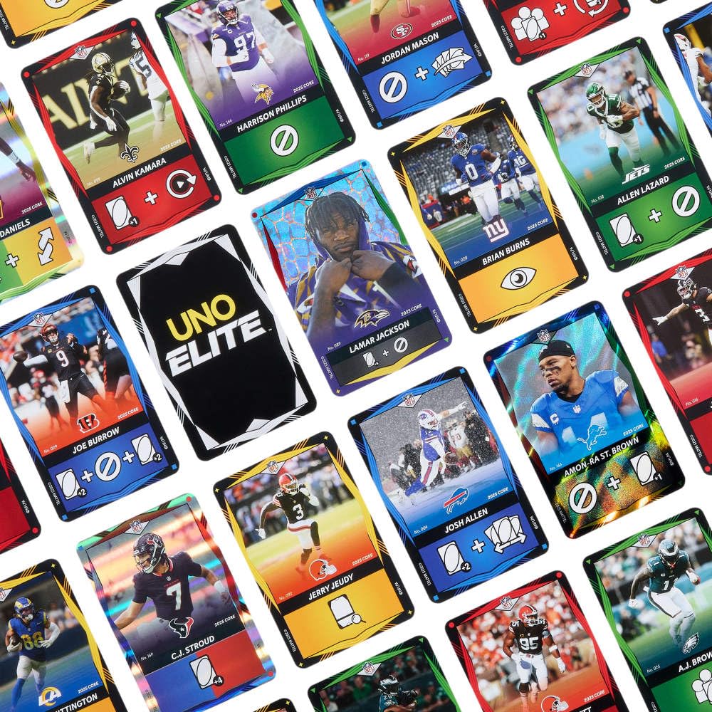 UNO Elite NFL 2025 Core Edition game-night setup suggests family-friendly entertainment value.
