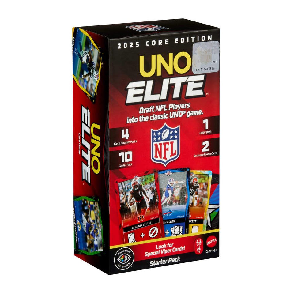 UNO Elite NFL 2025 Core Edition pack open reveals Elite Action cards for exciting game nights.