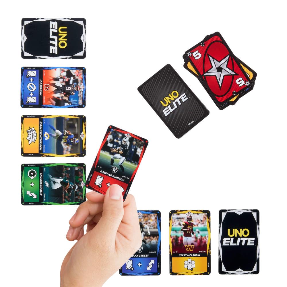 UNO Elite NFL 2025 Core Edition player-action imagery highlights NFL theme and competitive fun.