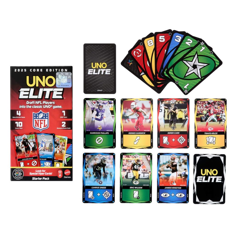 UNO Elite NFL 2025 Core Edition stadium-artwork label conveys official licensed branding.