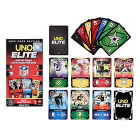 UNO Elite NFL 2025 Core Edition stadium-artwork label conveys official licensed branding.