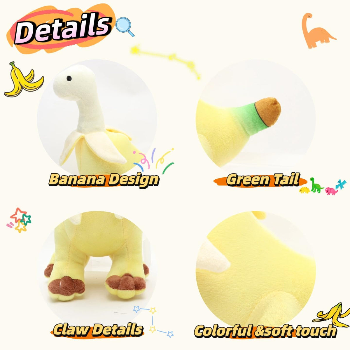 unsnurnoch banana-dinosaur plush close-up, skin-friendly material for safe cuddles
