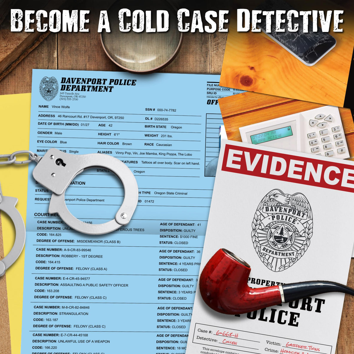 Unsolved Case Files crime scene photos illustrate key moments for deductions.
