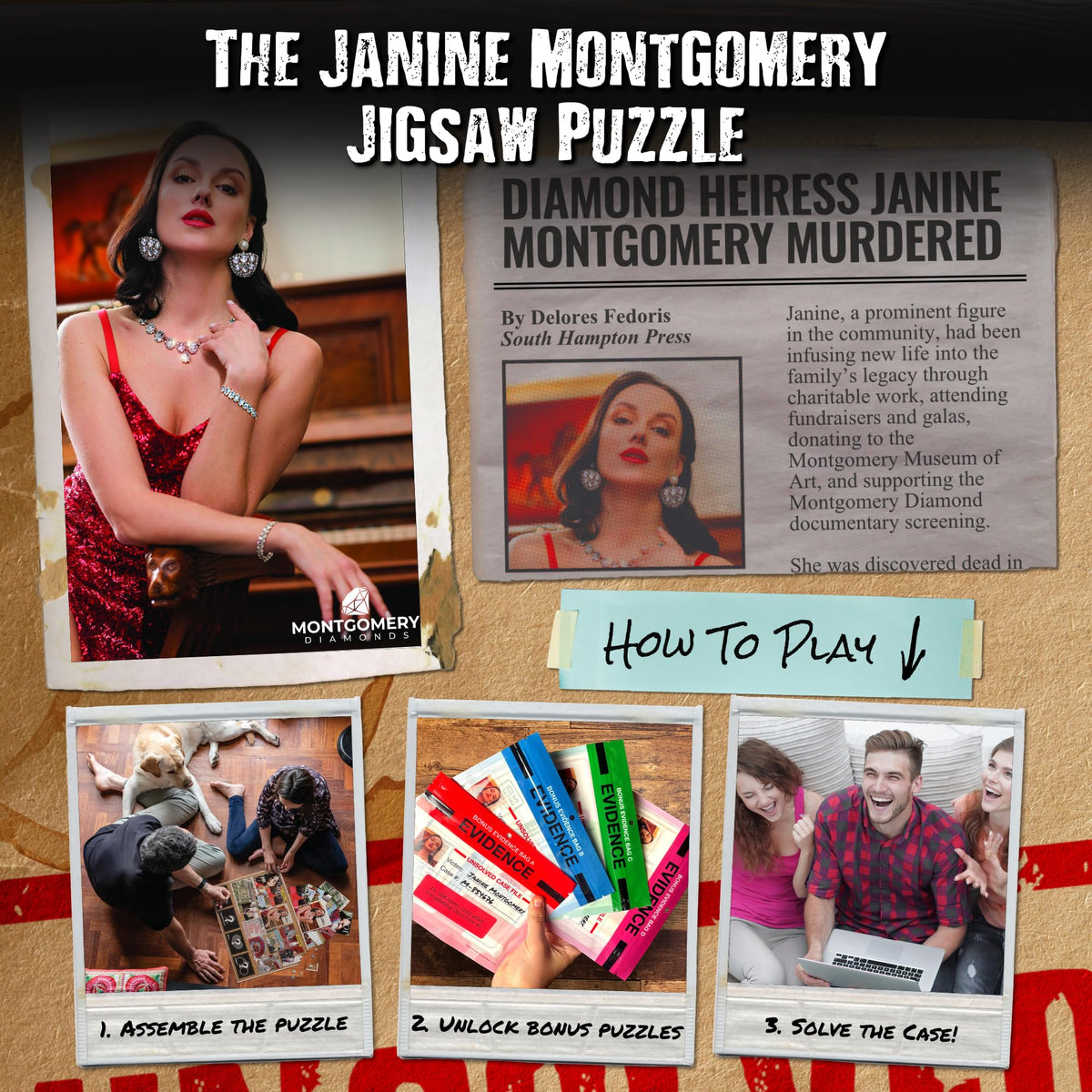 Unsolved Case Files evidence board—helps track clues during play.
